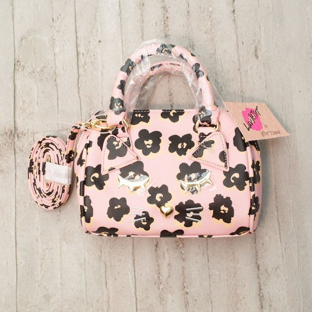 NWT Betsey Johnson Kitty Cat Mini Barrel Satchel in Black and Pink
